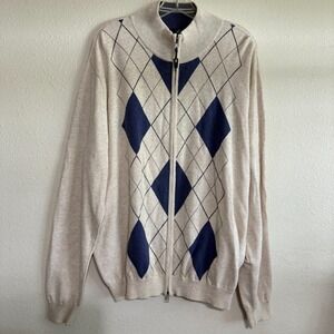 Cleveland Classics Sweater Men's Large Cream Blue Argyle Print Full Zip Cardigan